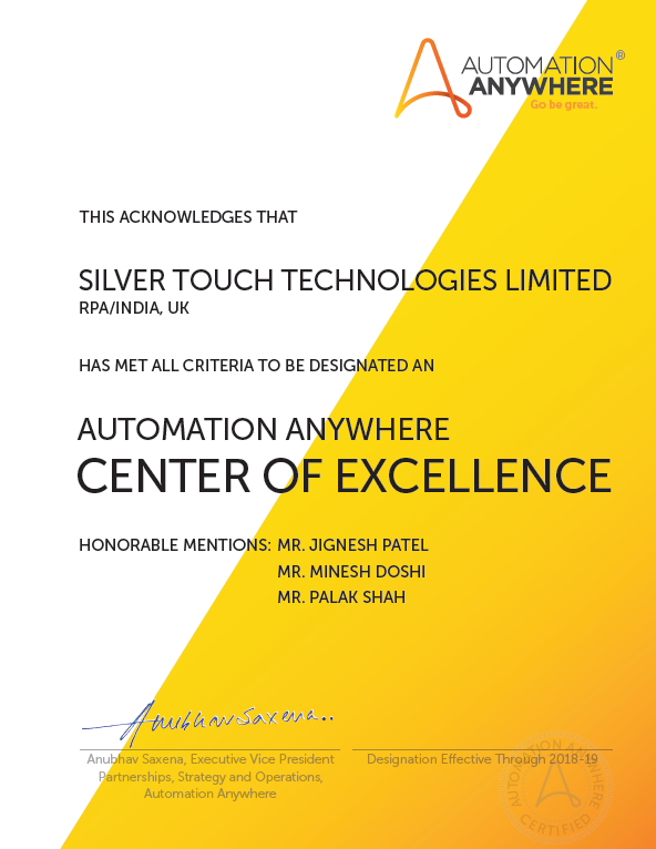 Automation Anywhere Center of Excellence Certification for RPA Services